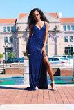 TRENDY ROYAL BLUE SPAGHETTI STRAP V-NECK SEQUINED PROM PARTY GOWNS WITH CHIC HIGH SLIT HZ1023