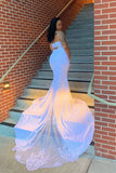 STRAPLESS SWEETHEART LACE APPLIQUES COURT TRAIN MERMAID PROM GOWNS HZ1023