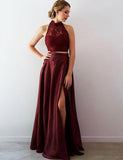 TWO PIECE LACE A-LINE SPLIT FRONT FLOOR-LENGTH HALTER PROM PARTY GOWNS HZ1023