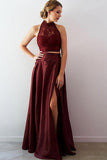 TWO PIECE LACE A-LINE SPLIT FRONT FLOOR-LENGTH HALTER PROM PARTY GOWNS HZ1023