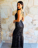 TIMELESS BLACK SPAGHETTI STRAP CHIC V-NECK TASSEL FITTING PROM PARTY GOWNS HZ1023