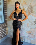 TIMELESS BLACK SPAGHETTI STRAP CHIC V-NECK TASSEL FITTING PROM PARTY GOWNS HZ1023