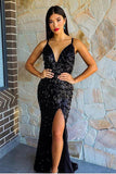 TIMELESS BLACK SPAGHETTI STRAP CHIC V-NECK TASSEL FITTING PROM PARTY GOWNS HZ1023