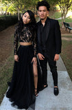 TWO PIECE LONG SLEEVES EVENING GOWN BLACK CHIC SLIT LACE PROM DRESS HZ1023