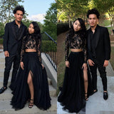 TWO PIECE LONG SLEEVES EVENING GOWN BLACK CHIC SLIT LACE PROM DRESS HZ1023