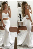 WHITE TWO PIECE FORMAL EVENING DRESSES MERMAID SWEETHEART SLEEVELESS FRONT SLIT PROM DRESS HZ1023