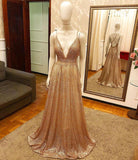 TRENDY NEW ARRIVAL PLUGING V-NECK GOLDEN SPARKLE PROM DRESS WITH CRISS-CROSS BACK HZ1023