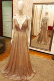 TRENDY NEW ARRIVAL PLUGING V-NECK GOLDEN SPARKLE PROM DRESS WITH CRISS-CROSS BACK HZ1023