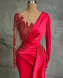 STUNNING RED LONG SLEEVE MERMAID EVENING DRESS LACE APPLIQUES PROM GOWN RUFFLES HZ1023