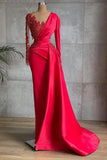 STUNNING RED LONG SLEEVE MERMAID EVENING DRESS LACE APPLIQUES PROM GOWN RUFFLES HZ1023