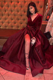 SATIN V-NECK A-LINE EVENING MAXI DRESS LONG SLEEVES FRONT SPLIT PROM DRESS HZ1023