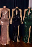 SHINY SEQUINS HALTER KEYHOLE NECKLINE FRONT SLIT MERMAID PROM DRESS HZ1023