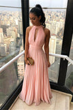 SIMPLE HIGH NECK CHIFFON KEYHOLE SLEEVELESS CANDY PINK PROM DRESS HZ1023