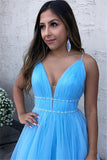 SKY BLUE SPAGHETTI-STRAPS A-LINE TULLE SLEEVELESS PROM DRESS HZ1023
