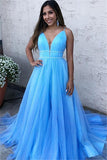 SKY BLUE SPAGHETTI-STRAPS A-LINE TULLE SLEEVELESS PROM DRESS HZ1023