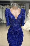 ROYAL BLUE BEADED LACE APPLIQUES 1/2 SLEEVE MERMAID PROM DRESS HZ1023