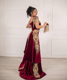 GOLD APPLIQUES EVENING GOWN WITH FRONT SPLIT ROM DRESS HZ1023