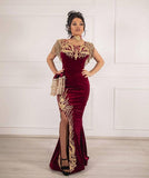 GOLD APPLIQUES EVENING GOWN WITH FRONT SPLIT ROM DRESS HZ1023