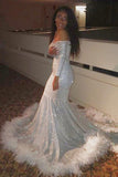OFF-THE-SHOULDER SEQUINS FUR TRIM COURT TRAIN MERMAID PROM DRESS HZ1023