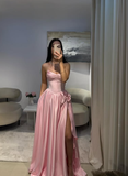 Pink A Line Sweetheart Neck Pleated Satin Prom Dress Wedding Guest Dress with Slit HZ1023