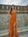 Orange Mermaid V Neck Sequin Tulle Satin Long Prom Dress Evening Dress with Slit HZ1023