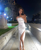 Simple White Satin Slit Prom Dress Long Party Dress HZ1023