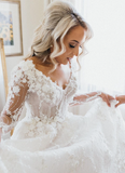 Elegant Ball Gown Long Sleeve V Neck Appliques White Tulle Wedding Dress with Sweep Train HZ1023