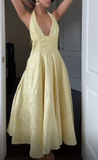 Deep V Neck Yellow Halter A Line Prom Dress HZ1023