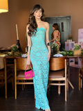 Blue Sheath Strapless Exquisite Lace Party Dress Evening Dress Prom Dress HZ1023