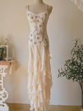 Apricot Mermaid Spaghetti Strap Embroidered Beaded Ruffle Chiffon Prom Dress Formal Dress HZ1023