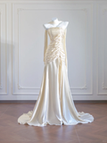 Ivory White Mermaid Spaghetti Straps Pleated Satin Long Prom Dress Party Dress HZ1023