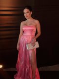Classic Pink A-line Strapless Side Slit Long Party Prom Dresses HZ1023