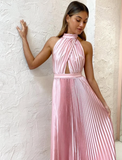Elegant A Line Halter Light Pink Satin Long Prom Dress Evening Dress HZ1023