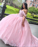 Pink Off The Shoulder Tulle Ball Gown Sweet 16 Prom Dress Quinceanera Dress HZ1023