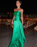 Elegant A Line Strapless Green Satin Long Prom Dress Evening Dress HZ1023
