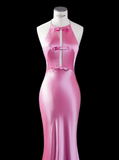 Cute Mermaid Halter Bow Pink Satin Open Back Prom Dress Graduation Prom Dress HZ1023