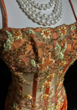 Retro Orange Mermaid Straps Corset Beaded Layered Satin Prom Dress Evening Dress HZ1023