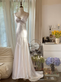 Classy Mermaid V Neck Beaded White Satin Long Open Back Party Dress Evening Dress HZ1023