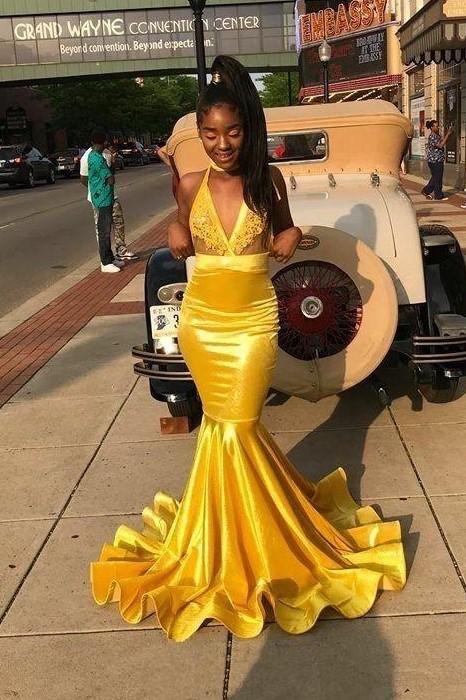 Yellow Bodycon Mermaid Prom Dresses Long with Appliuqes HZ1023