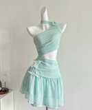 Mint Green A Line Halter Flower Chiffon Short Homecoming Dress Cocktail Dress HZ1023