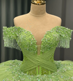 Romantic Poofy Off the Shoulder Beaded Green Tulle Ball Gown Quinceanera Dress HZ1023