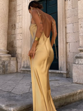 Simple Pecan Bronze A Line Spaghetti Strap Satin Open Back Prom Dress Wedding Guest Dress HZ1023