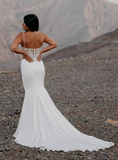 Simple Mermaid Spaghetti Strap Corset Appliques White Satin Long Wedding Dress HZ1023