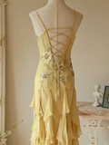 Yellow Mermaid Spaghetti Strap Embroidered Beaded Ruffle Chiffon Prom Dress Formal Dress HZ1023