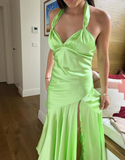 Simple Sheath Halter Green Satin Long Prom Dress Evening Dress with Slit HZ1023