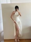 Simple Ivory A Line Halter Pleated Satin Slit Open Back Evening Dress Party Dress HZ1023