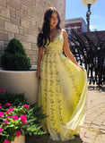 Yellow Tulle V Neck Spaghetti Straps Long Prom Dress With Lace Applique HZ1023