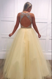 Yellow tulle v neck beads long prom dress yellow evening dress HZ1023
