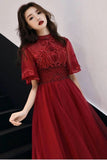 Burgundy Tulle Lace Mid Sleeve Long Prom Dress, Beaded Formal Dress HZ1023