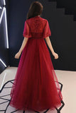 Burgundy Tulle Lace Mid Sleeve Long Prom Dress, Beaded Formal Dress HZ1023